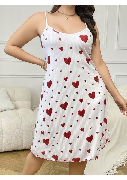 Venüsshopping- Büyük Beden Kalp Desen Pamuklu Ince Askılı Uzun Gecelik fiyatları