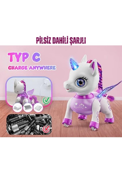 Oyuncak Uzaktan Kumandalı Robot Kedi ve Unicorn Ponny Oturup Kalkabilen Şarjlı LED Işıklı Sesli Dans Eden Toy Cat