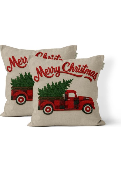 Yılbaşı Çam Ağacı Nakış Desenli, Dijital Baskılı, Çift Taraflı Kırlent Kılıfı. 2'li Set Kırlent Kılıfı fiyatları