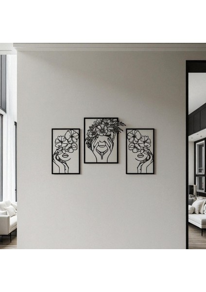 3 Parça Metal Duvar Dekoru – Kadın Silueti Çiçekli Tablo Modern Ev Ofis Dekorasyonu
