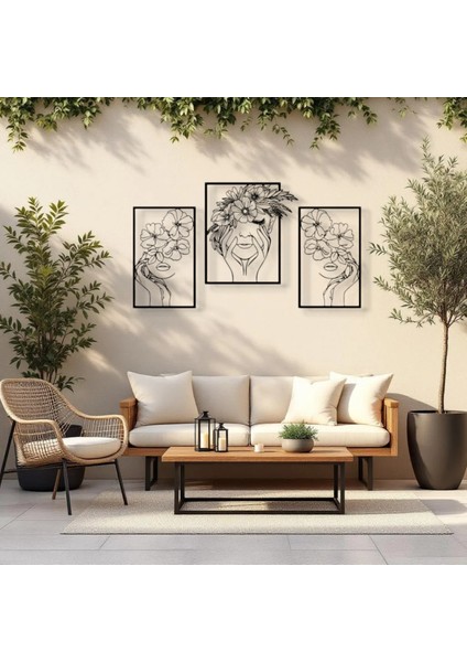 3 Parça Metal Duvar Dekoru – Kadın Silueti Çiçekli Tablo Modern Ev Ofis Dekorasyonu