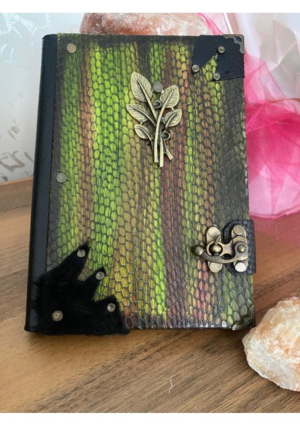 Hakiki Deri Doğaçlama Zamak Döküm Yaprak Figürlü Efektli El Yapımı Defter