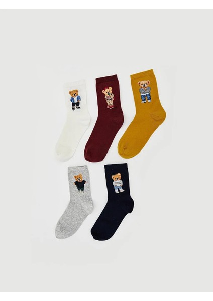 Ayı Teddy Baskılı Kadın Soket Çorap 5'li (W5)