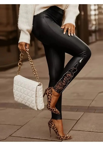 Kadın Yüksek Bel Yandan Yırtmaçlı Dantel Detaylı Deri Tayt