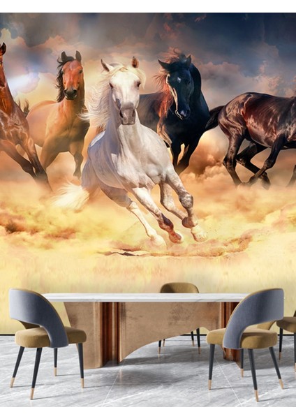 3D Koşan Atlar Desenli Isı ve Ses Yalıtımlı Sağlıklı Tekstil Duvar Kağıdı