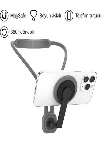 360° Ayarlanabilir N52 Mıknatıslı Magsafe Boyun Askılı Telefon Tutucu | Eller Serbest Kullanım