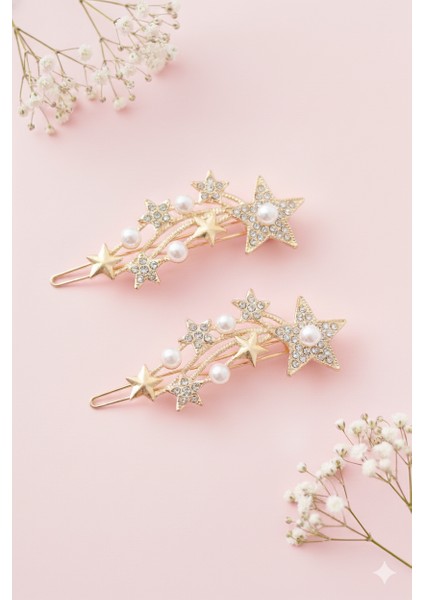 Yıldız Şekilli Inci Detaylı Metal Toka, Metal Klipsli Yıldız Inci Toka (2 Adet)