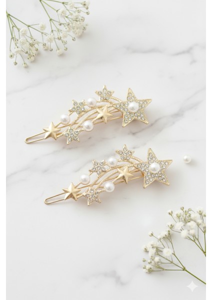 Yıldız Şekilli Inci Detaylı Metal Toka, Metal Klipsli Yıldız Inci Toka (2 Adet) fiyatları