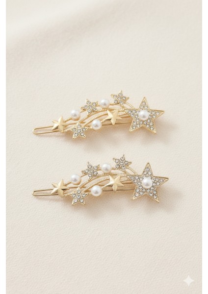Yıldız Şekilli Inci Detaylı Metal Toka, Metal Klipsli Yıldız Inci Toka (2 Adet) modelleri
