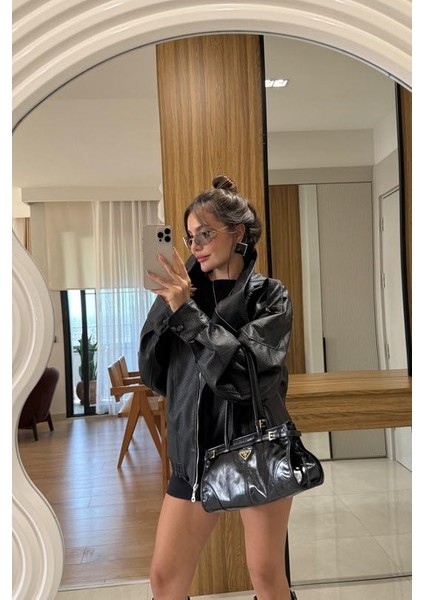 Siyah Oversize Deri Ceket