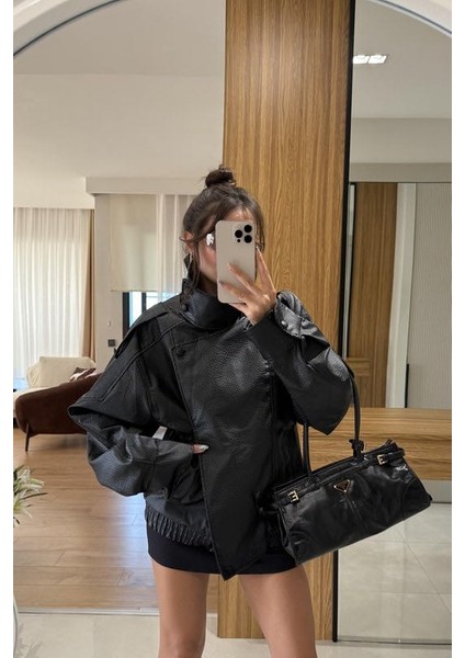 Siyah Oversize Deri Ceket modelleri