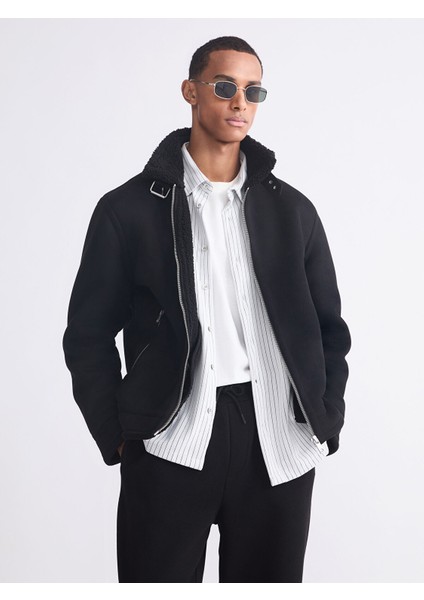 Yeni Sezon Standart Kalıp Kürk Yaka Süet Erkek Mont