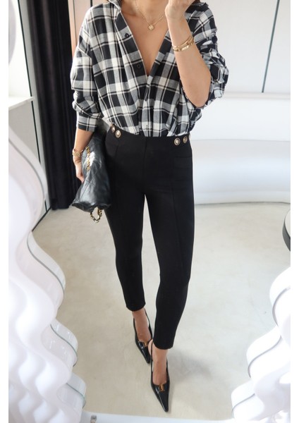 Düğme Detaylı Parça Dikişli Tayt Pantolon modelleri