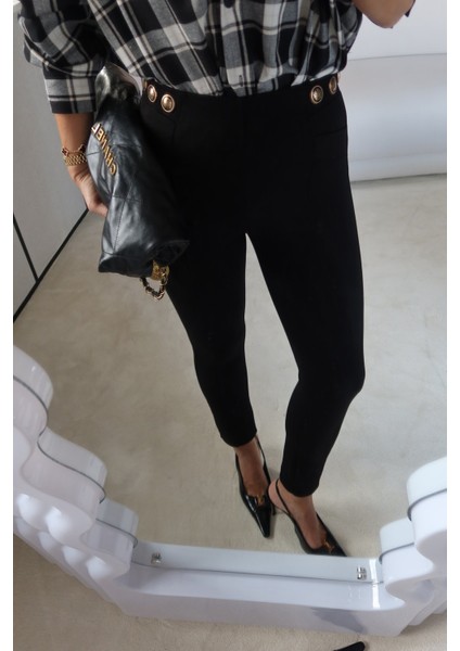 Düğme Detaylı Parça Dikişli Tayt Pantolon fırsatları