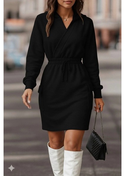 Kadın Uzun Kollu V Yakalı Kapşonlu Cep Detaylı Şardonlu Iki Iplik Kısa Elbise modelleri