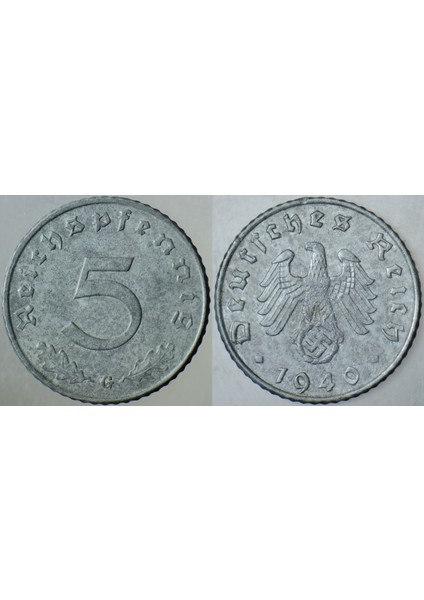 Almanya 5 Pfennig 1940 G. Ikinci Dünya Savaşı Nazi Dönemi. Gamalı Haç. Çinko.