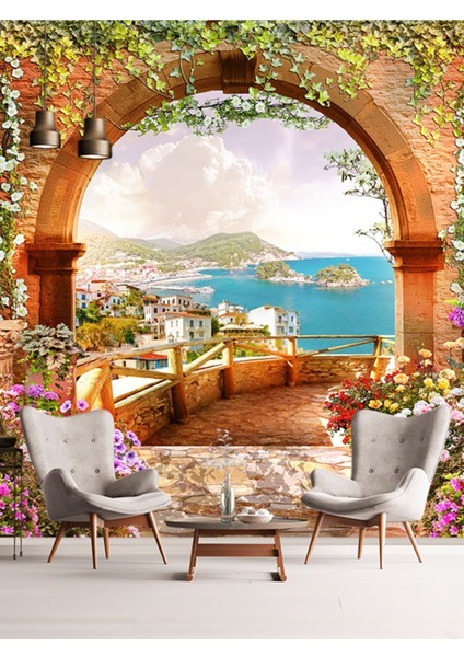 Şehir ve Deniz Manzaralı Teras Desenli Sağlıklı Tekstil Duvar Kağıdı