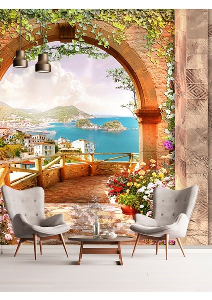 Şehir ve Deniz Manzaralı Teras Desenli Sağlıklı Tekstil Duvar Kağıdı fiyatları