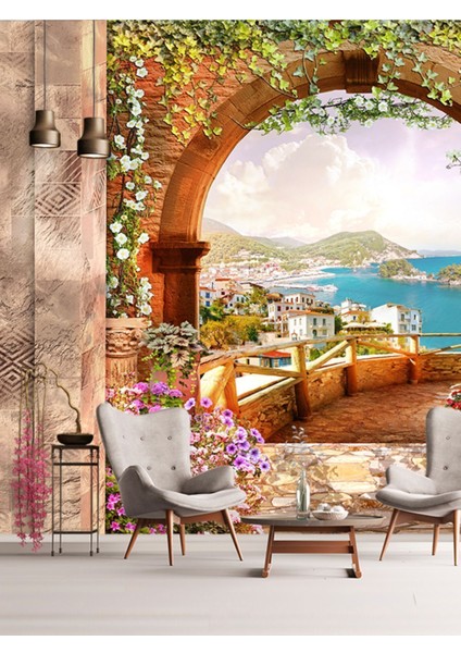 Şehir ve Deniz Manzaralı Teras Desenli Sağlıklı Tekstil Duvar Kağıdı modelleri