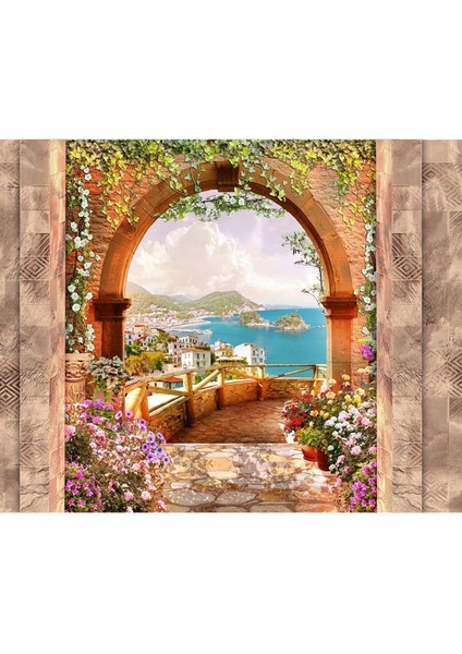 Şehir ve Deniz Manzaralı Teras Desenli Sağlıklı Tekstil Duvar Kağıdı fırsatları