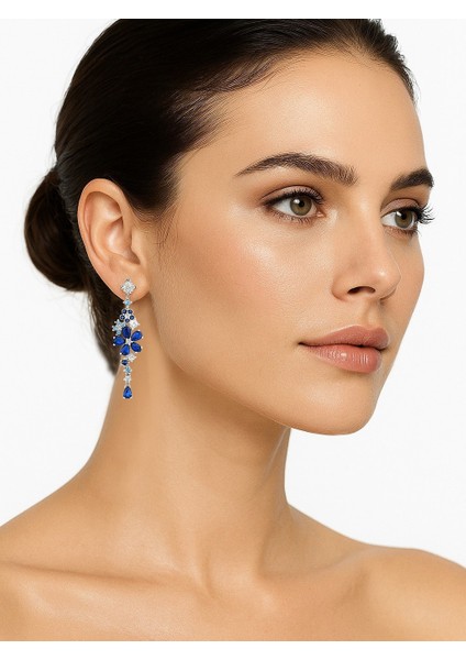 Safir Taşlı Pırlanta Model Çiçek Demeti Sallantılı Kadın Gümüş Küpe fiyatları