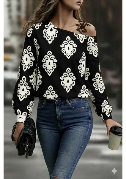 Kadın Askılı Uzun Kollu Omuzlardan Açık Desenli Mosskrep Bluz