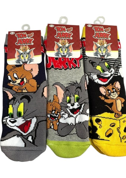 3'lü Tom ve Jerry Figürlü Tabanı Kaydırmaz Çocuk Havlu Çorap