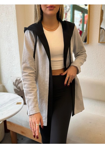 Kadın Uzun Kollu Kapşonlu Çift Renkli Şardonlu Iki Iplik Ceket indirimleri