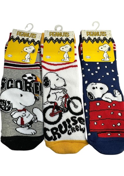 3'lü Peanuts Figürlü Tabanı Kaydırmaz Çocuk Havlu Çorap