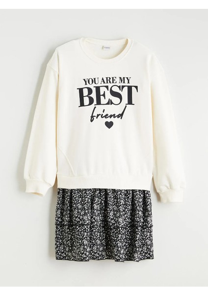 Lcw Kids Ekru Bisiklet Yaka Baskılı Kız Çocuk Elbise