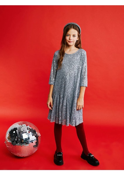 Lcw Kids Gri Bisiklet Yaka Pul Işlemeli Kız Çocuk Elbise