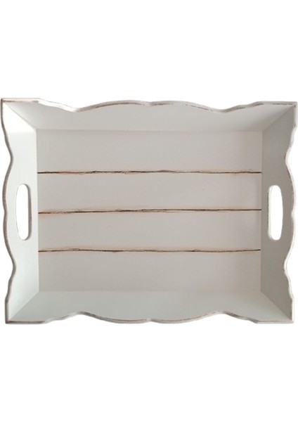 El Boyaması Dalgalı Model Beyaz Ahşap Servis Tepsisi