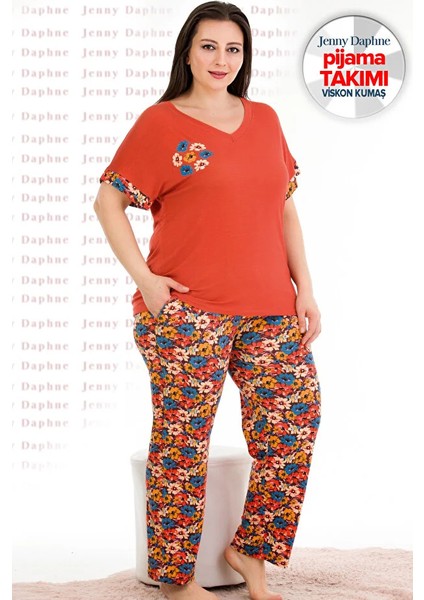 Lady Büyük Beden Viskon Kumaş Kısa Kollu Pijama Takımı