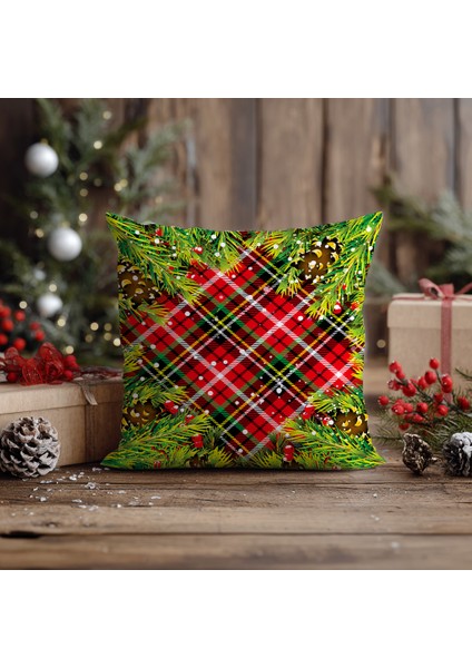 Yılbaşı Ekose Nakış Desenli, Dijital Baskılı, Çift Taraflı Kırlent Kılıfı. 2'li Set Kırlent Kılıfı