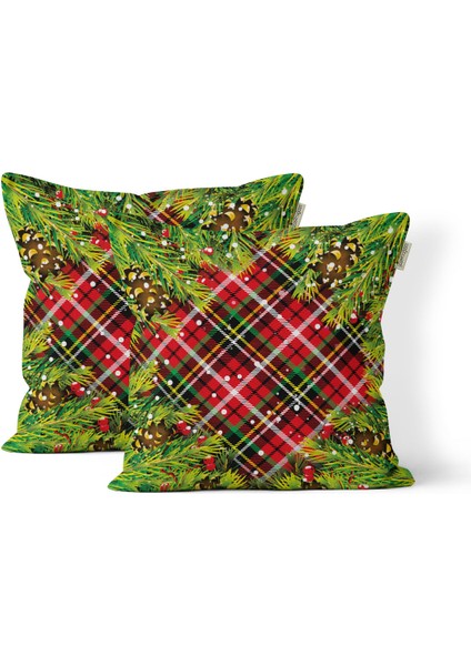Yılbaşı Ekose Nakış Desenli, Dijital Baskılı, Çift Taraflı Kırlent Kılıfı. 2'li Set Kırlent Kılıfı fiyatları