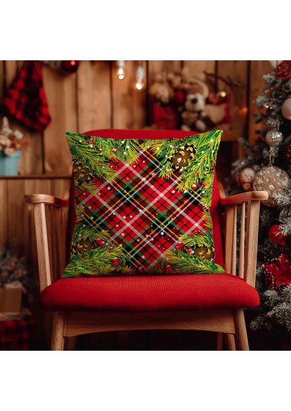 Yılbaşı Ekose Nakış Desenli, Dijital Baskılı, Çift Taraflı Kırlent Kılıfı. 2'li Set Kırlent Kılıfı modelleri