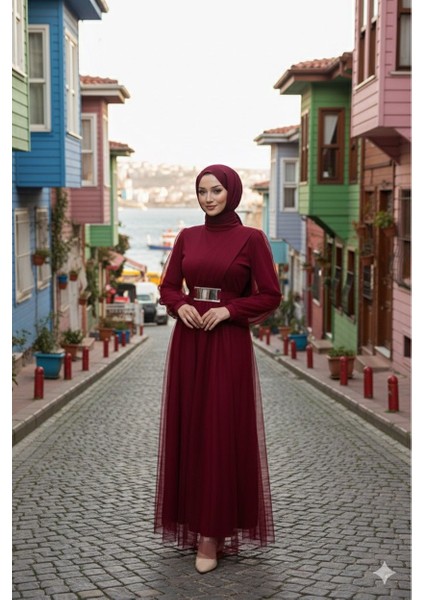 Kuşaklı Tül Tesettür Abiye