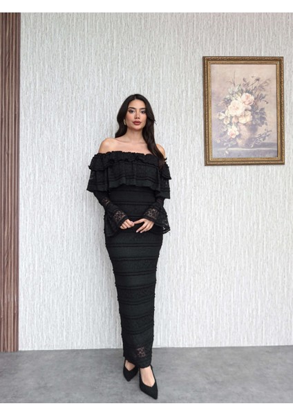 Madonna Yaka Fırfır Dantelli Midi Elbise