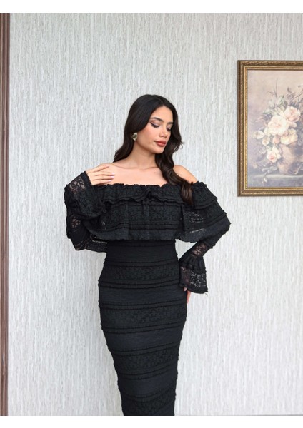 Madonna Yaka Fırfır Dantelli Midi Elbise fiyatları