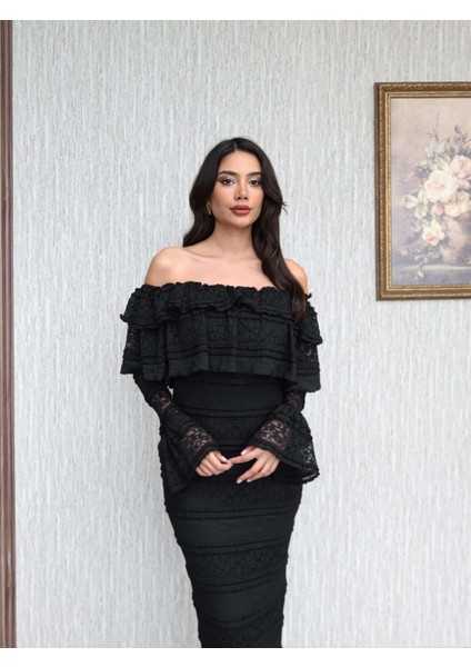 Madonna Yaka Fırfır Dantelli Midi Elbise fırsatları