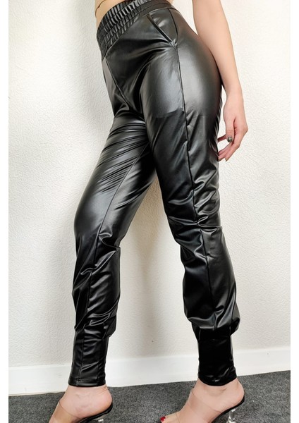 Ekstra Yüksek Bel Şardonlu Dar Paça Siyah Deri Pantolon