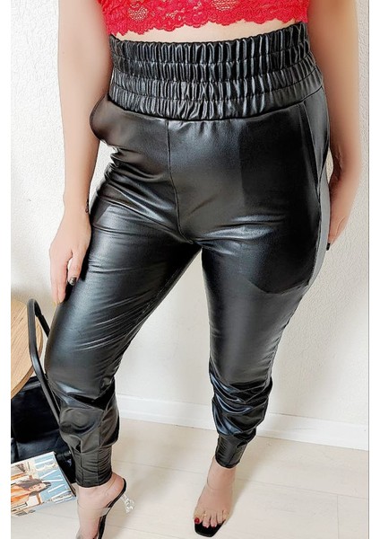 Ekstra Yüksek Bel Şardonlu Dar Paça Siyah Deri Pantolon fiyatları