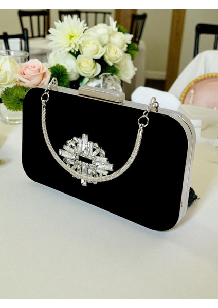 Zarif Siyah Süet Abiye Çanta | Gümüş Kristal Taşlı Gece Clutch modelleri