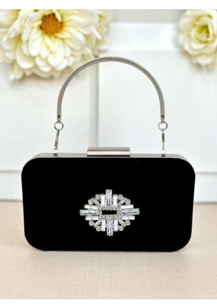 Zarif Siyah Süet Abiye Çanta | Gümüş Kristal Taşlı Gece Clutch fırsatları