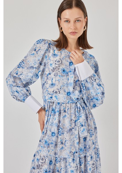 Kadın Kuşaklı Uzun Elbise 2584 - Mavi modelleri