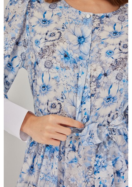 Kadın Kuşaklı Uzun Elbise 2584 - Mavi indirimleri