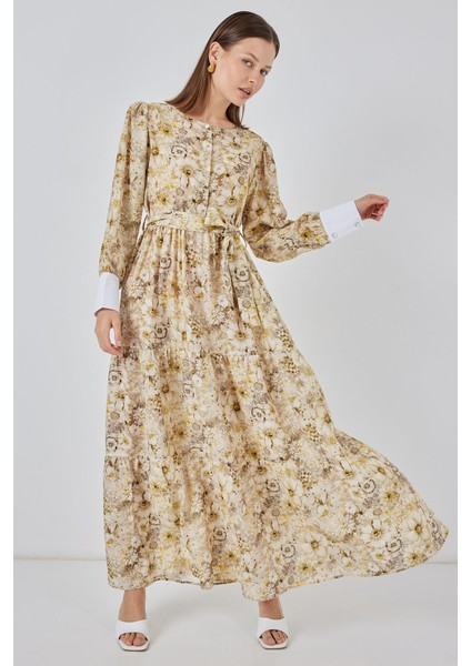 Kadın Kuşaklı Uzun Elbise 2584 - B.sarı fiyatları