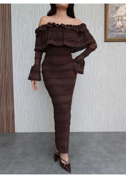 Madonna Yaka Fırfır Dantelli Midi Elbise modelleri