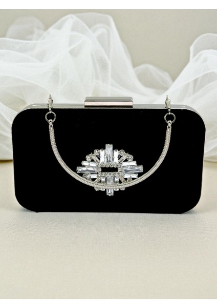 Zarif Siyah Süet Abiye Çanta | Gümüş Kristal Taşlı Gece Clutch indirimleri