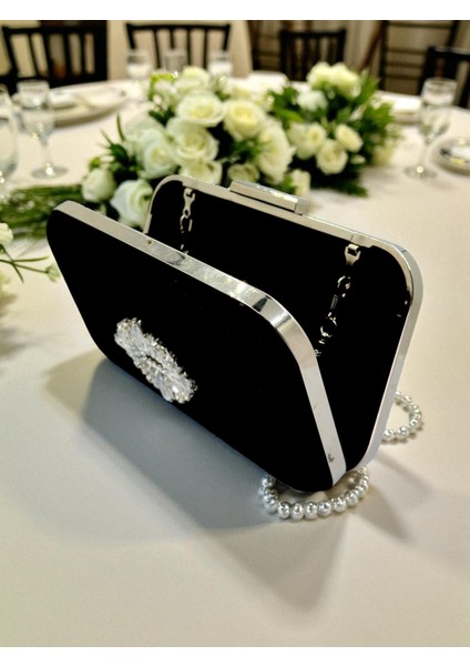 Zarif Siyah Süet Abiye Çanta | Gümüş Kristal Taşlı Gece Clutch